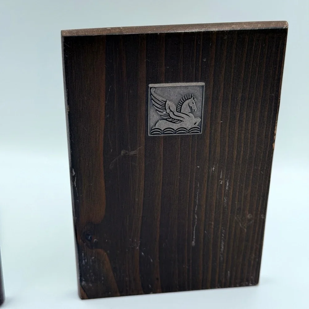 Vintage Mid Century Modern Pegasus Wood Bookends MCM Dark Brown Silver Set of 2